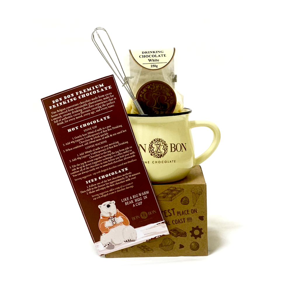 Bon Bon mug white drinking chocolate