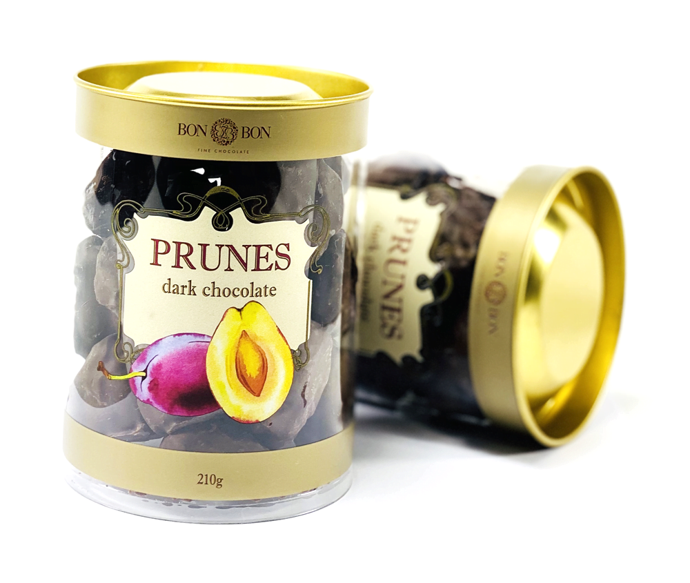 Prunes dark chocolate - clear cylinder